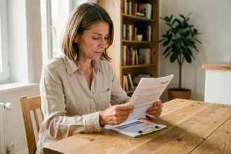 Femme lisant un contrat d'assurance habitation MAE à sa table de cuisine dans un appartement moderne