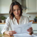 Femme en blouse lisant un relevé de prêt immobilier dans une cuisine lumineuse