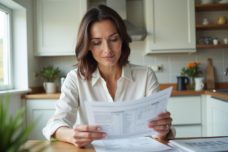 Femme en blouse lisant un relevé de prêt immobilier dans une cuisine lumineuse