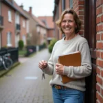 Femme souriante tenant un contrat de location devant une maison en briques rouges