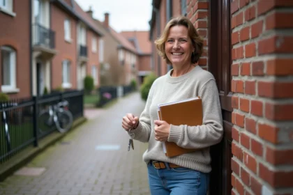 Femme souriante tenant un contrat de location devant une maison en briques rouges