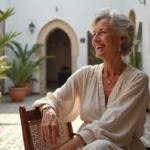 Femme admirant des carreaux marocains dans un patio