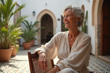Femme admirant des carreaux marocains dans un patio