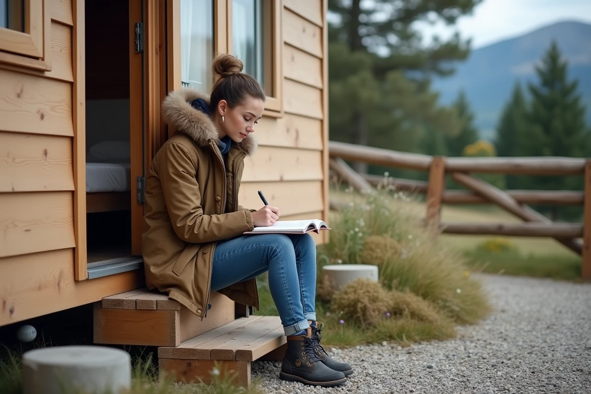 Femme écrivant dans un carnet devant un mobilhome