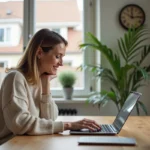 Femme souriante utilisant un ordinateur pour l'immobilier