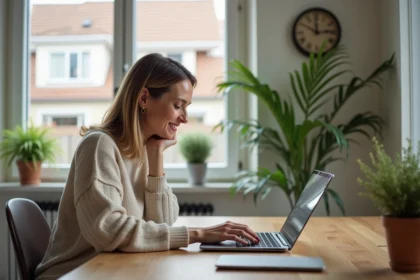 Femme souriante utilisant un ordinateur pour l'immobilier