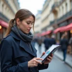 Jeune femme à Paris étudie des graphiques immobiliers