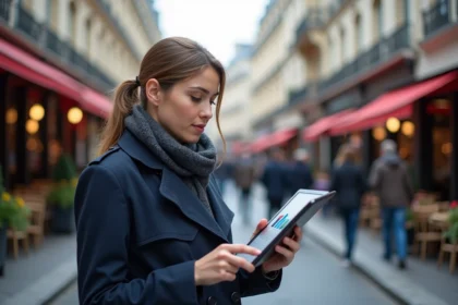 Jeune femme à Paris étudie des graphiques immobiliers
