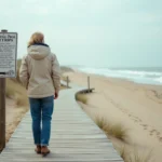 Femme examinant un panneau de regulation sur la plage