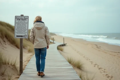 Femme examinant un panneau de regulation sur la plage