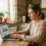 Femme consultant une annonce de location entre particuliers sur son ordinateur portable dans une cuisine française authentique