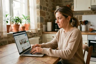 Femme consultant une annonce de location entre particuliers sur son ordinateur portable dans une cuisine française authentique