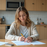 Femme assise à la cuisine remplissant un formulaire d'annulation d'eau