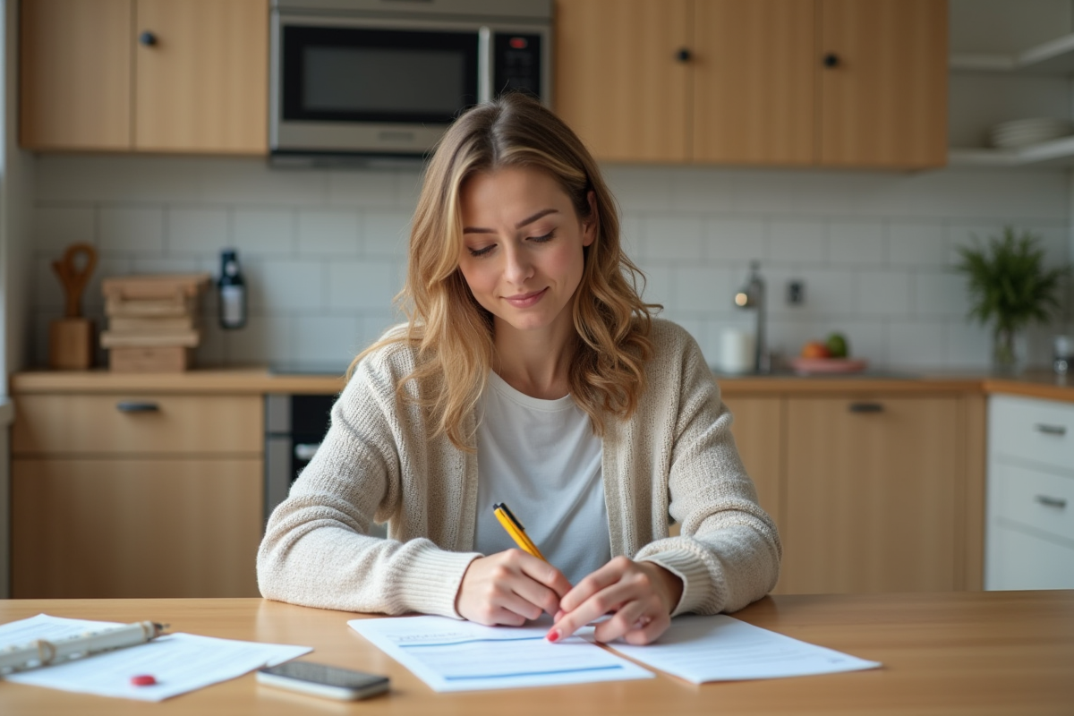 Femme assise à la cuisine remplissant un formulaire d'annulation d'eau