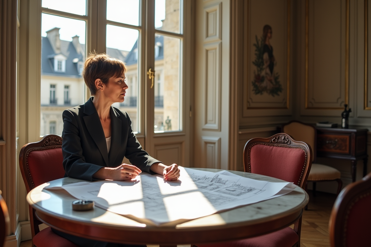 Femme examinant des plans de renovation dans un appartement ancien