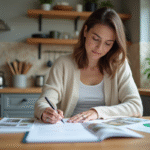 Femme en intérieur examine des brochures de rénovation maison