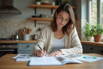 Femme en intérieur examine des brochures de rénovation maison
