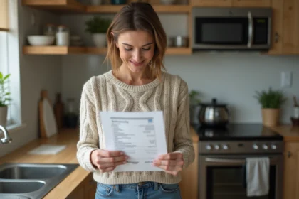 Femme relisant sa facture d electricite à la maison