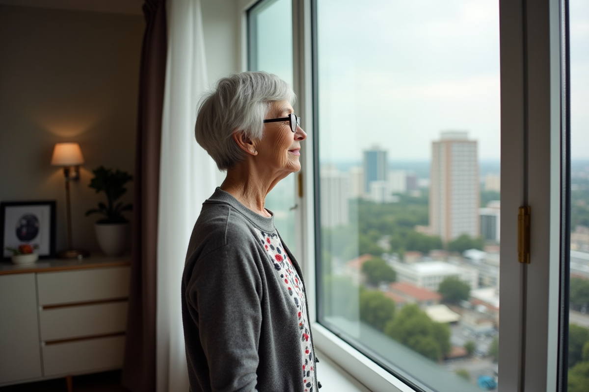 Femme senior regardant par la fenêtre d