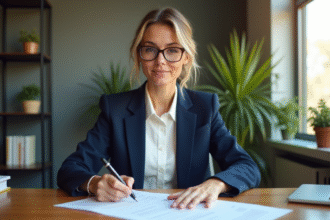 Femme professionnelle signant un document de prêt immobilier
