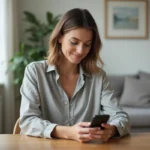 Femme utilisant une application mobile sur smartphone pour l'installation d'un guide habitat et raffinement dans un intérieur moderne