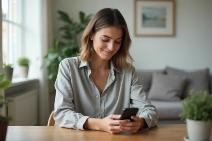 Femme utilisant une application mobile sur smartphone pour l'installation d'un guide habitat et raffinement dans un intérieur moderne