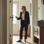 Femme surprise dans l'entrée d'un appartement belge moderne