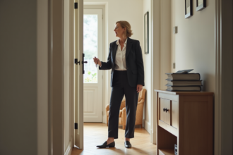 Femme surprise dans l'entrée d'un appartement belge moderne