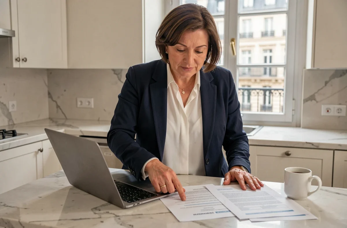 Femme syndic bénévole consultant un document pré état daté sur ordinateur dans une cuisine moderne
