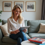 Femme souriante utilisant une tablette dans un salon Airbnb