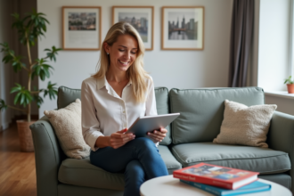 Femme souriante utilisant une tablette dans un salon Airbnb
