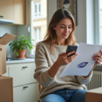 Femme utilisant son smartphone dans une cuisine moderne lors d'un déménagement