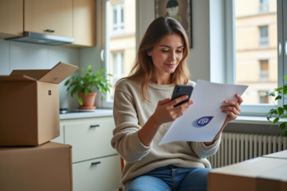 Femme utilisant son smartphone dans une cuisine moderne lors d'un déménagement
