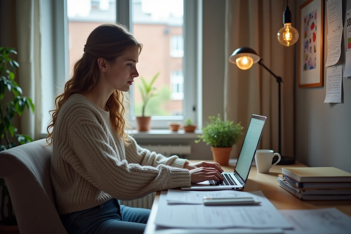 Jeune femme travaille sur son ordinateur dans un bureau à domicile