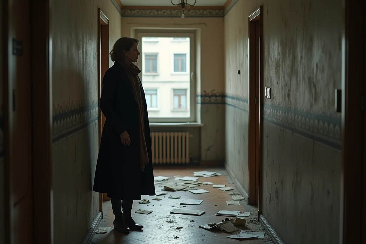 Femme dans un hall d appartement vide et poussiereux