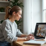Femme utilisant Lamaison360 pour une visite virtuelle de maison sur ordinateur portable à son bureau à domicile