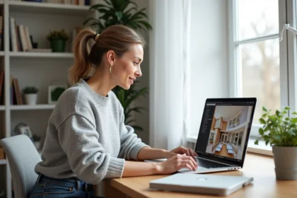 Femme utilisant Lamaison360 pour une visite virtuelle de maison sur ordinateur portable à son bureau à domicile