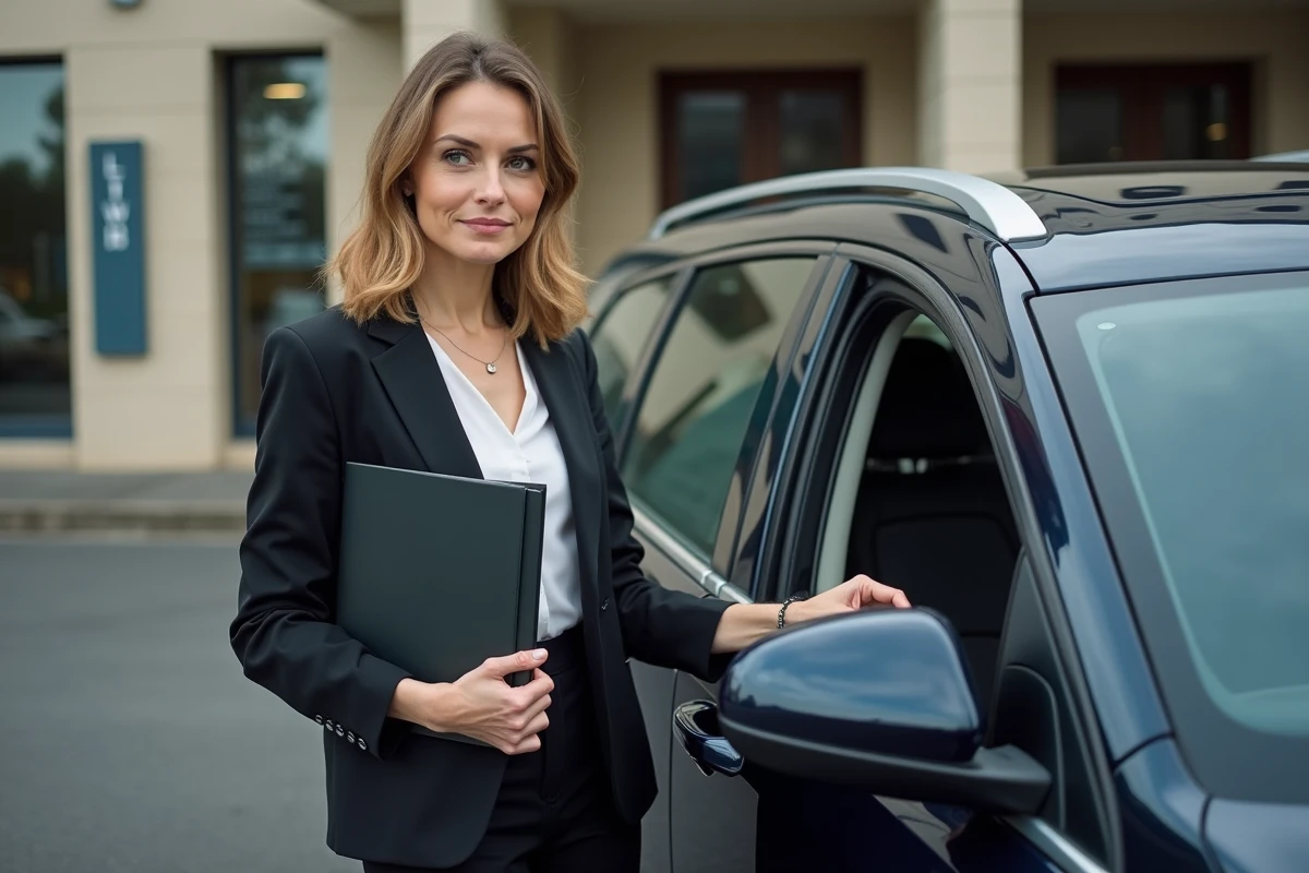 Femme en costume ouvrant une voiture de notaire moderne