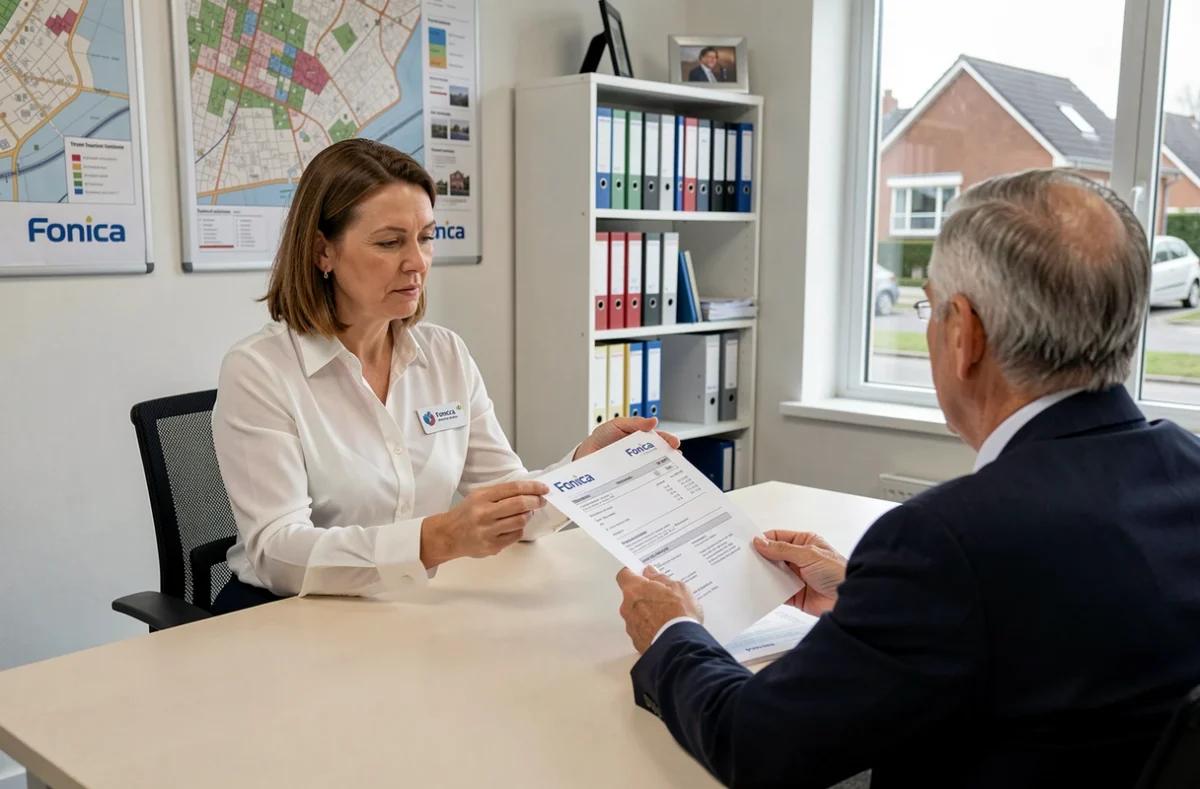 Agente Foncia Transaction à Gonesse présentant un rapport d'évaluation immobilière à un client dans l'agence