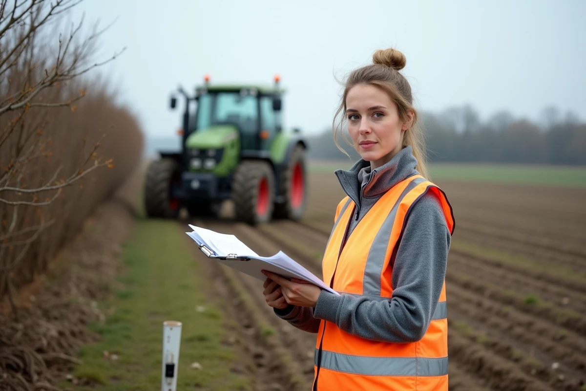 Géomètre expertisant les limites d'une parcelle agricole lors d'un litige foncier rural