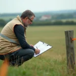 Géomètre examinant des documents cadastraux sur une parcelle de terrain en milieu rural