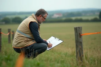 Géomètre examinant des documents cadastraux sur une parcelle de terrain en milieu rural