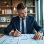 Gestionnaire immobilier en costume bleu examine plans