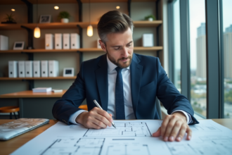 Gestionnaire immobilier en costume bleu examine plans