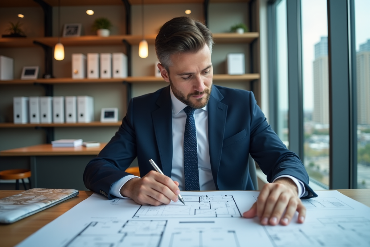 Gestionnaire immobilier en costume bleu examine plans