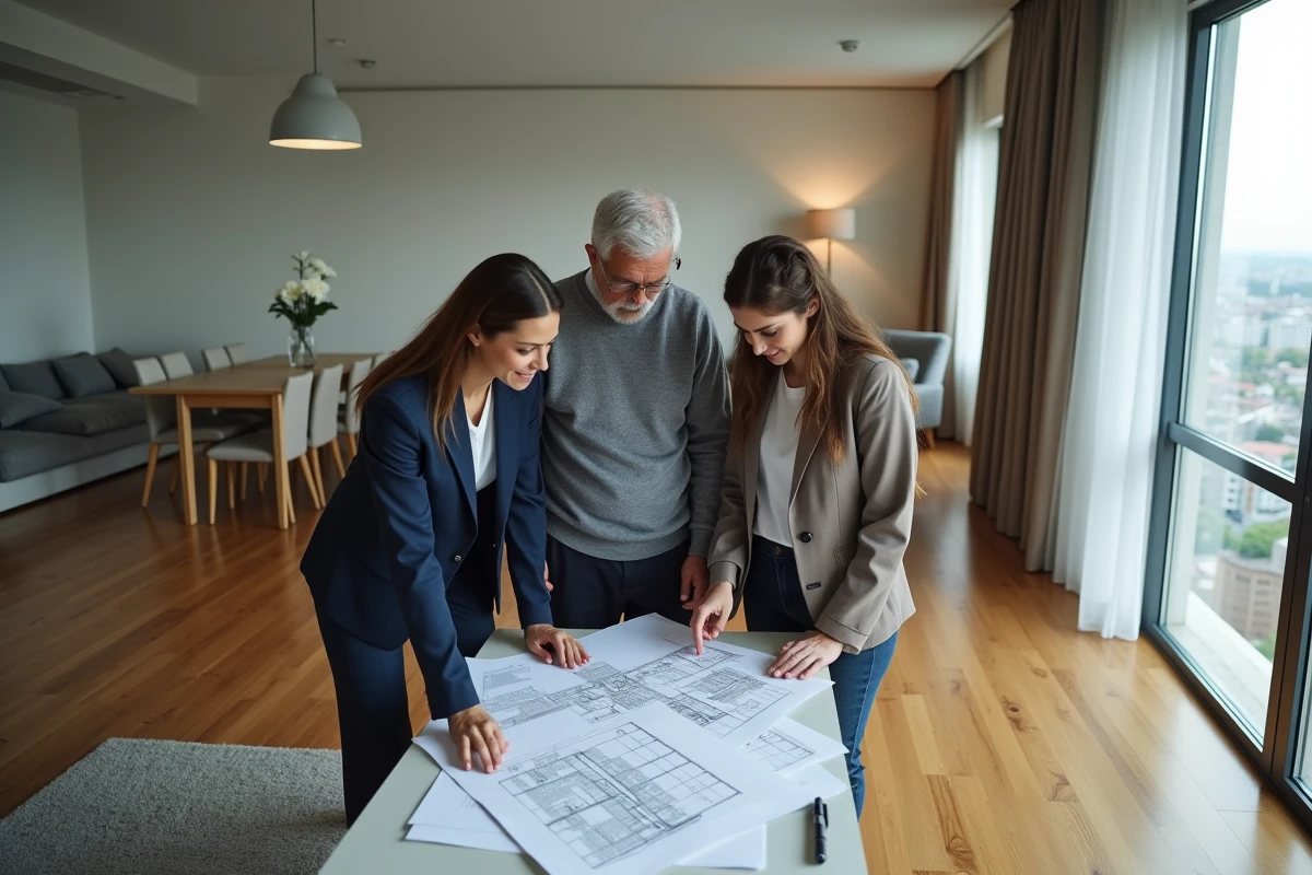 Groupe de professionnels examinant des plans dans un salon lumineux