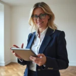 Gestionnaire immobilier utilisant un logiciel état des lieux sur tablette dans un appartement vide