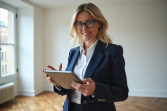 Gestionnaire immobilier utilisant un logiciel état des lieux sur tablette dans un appartement vide
