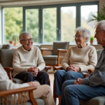 Groupe de seniors souriants dans un salon convivial