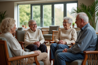 Groupe de seniors souriants dans un salon convivial